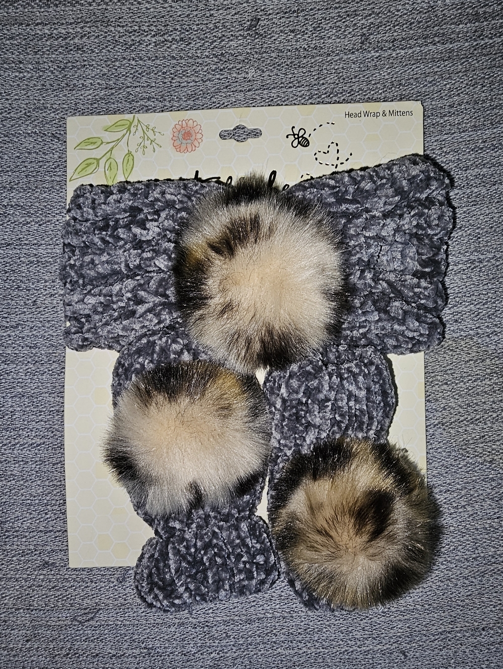 NWT Altar'd State Baby Plush Pom Headwrap & Mittens Set  Gray with Faux Fur Poms